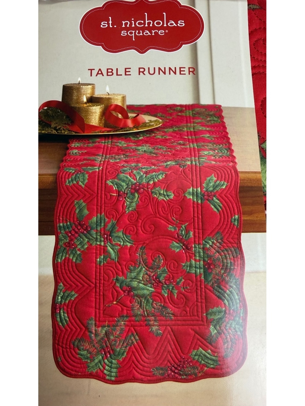 St. Nicholas Square Christmas Holly Red Quilted Table Runner 13 x 54 Inches